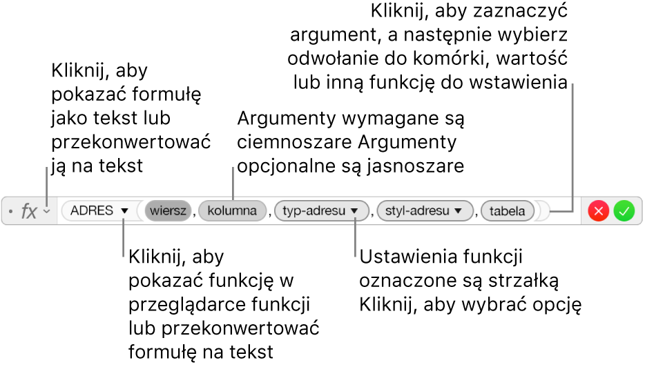 Edytor formuł z funkcją ADRES oraz tokenami jej argumentów.