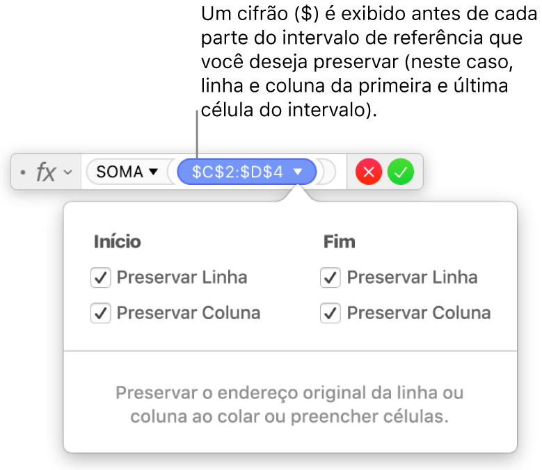 Fórmula exibindo referências de linha e coluna preservadas.