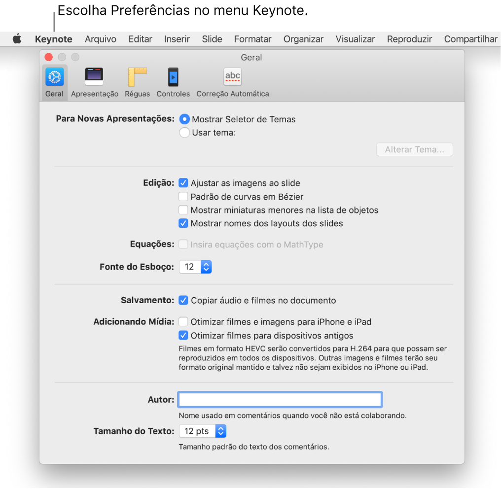 Janela de preferências do Keynote aberta no painel Geral.