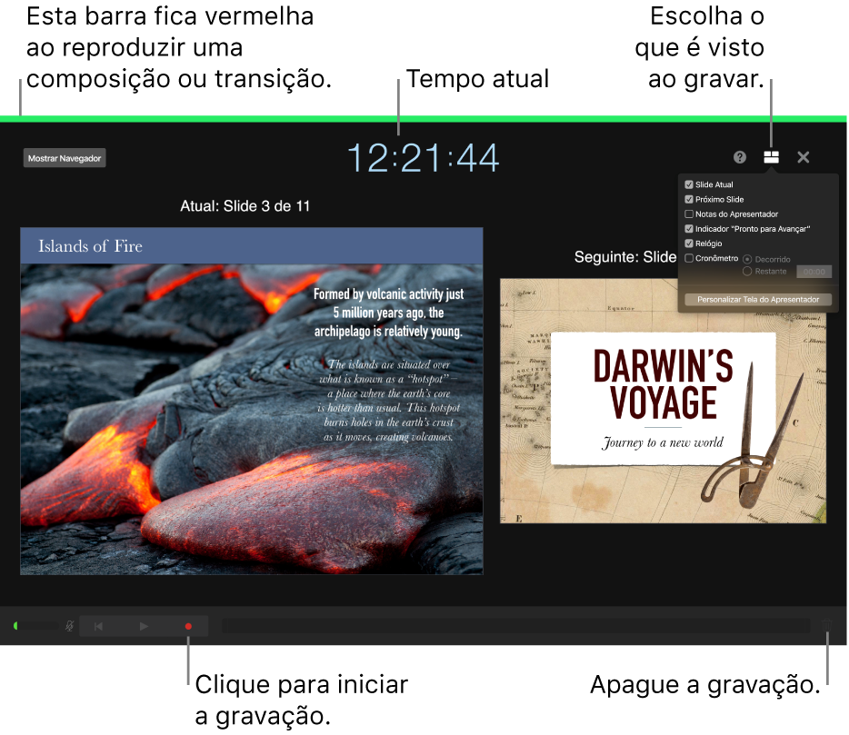 Captura de tela do modo de gravação de voz na tela do apresentador. O slide atual e o seguinte, a hora atual e os controles da tela do apresentador estão visíveis. O controle para iniciar e terminar a gravação e o controle para apagar a gravação aparecem próximos à parte inferior da tela.