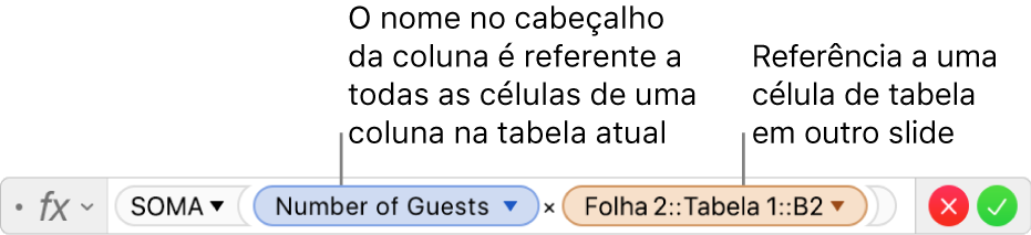 Editor de Fórmula mostrando uma fórmula referente a uma coluna de uma tabela e a uma célula de outra tabela.