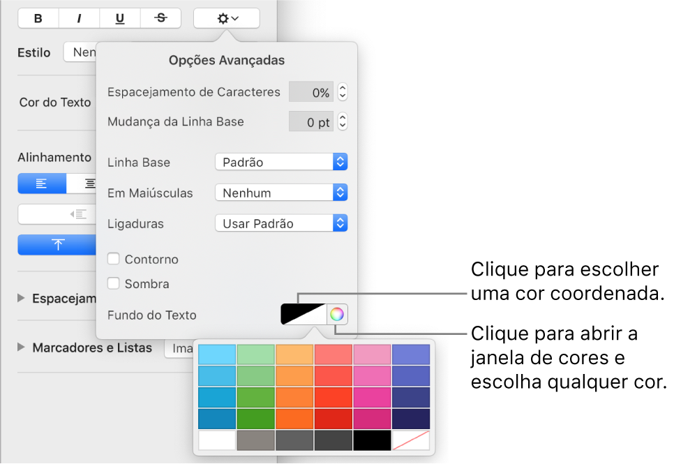 Controles para escolher uma cor de fundo para o texto.