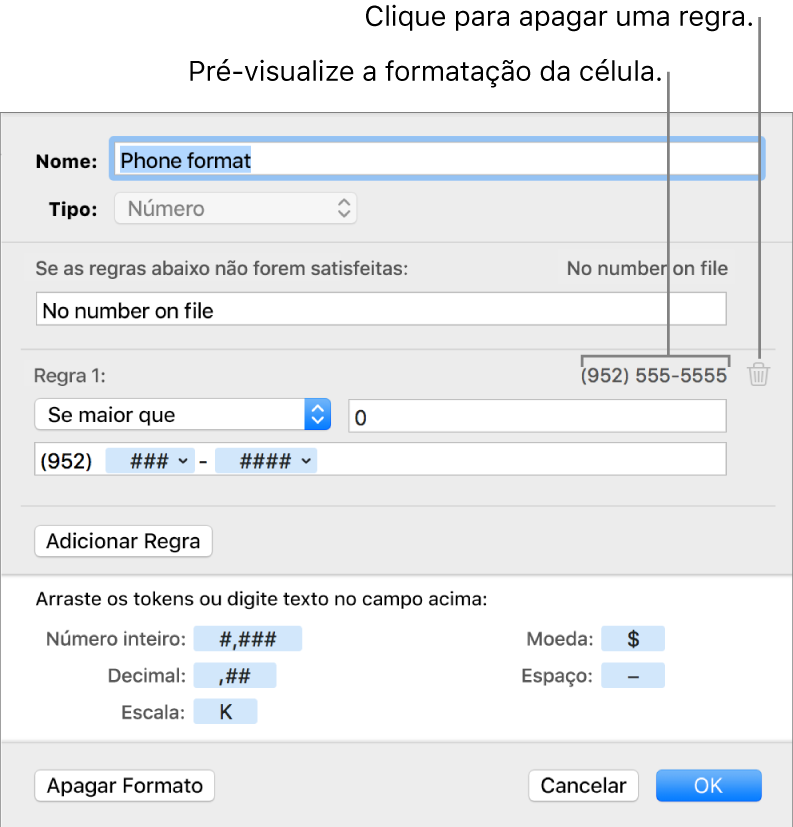 Formato personalizado de célula de número com regras.