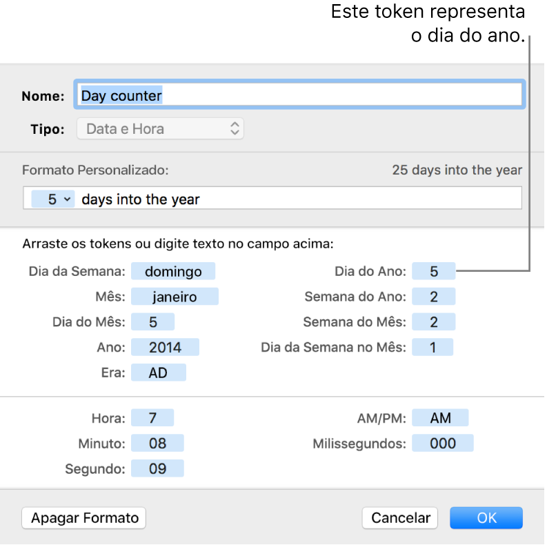 Janela de formato personalizado de célula, com controles para criar um formato de data e hora.