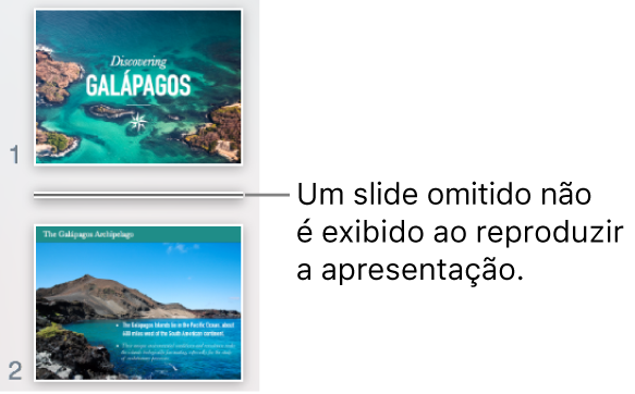 Navegador de slides com um slide omitido exibido como uma linha horizontal.