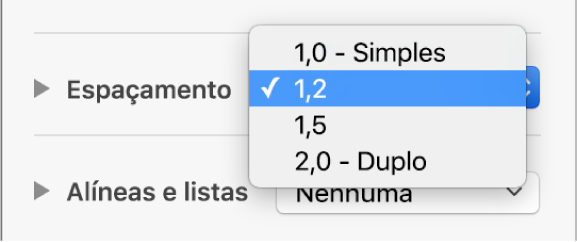 O menu pop-up Espaçamento com as opções Único, Duplo e outras.