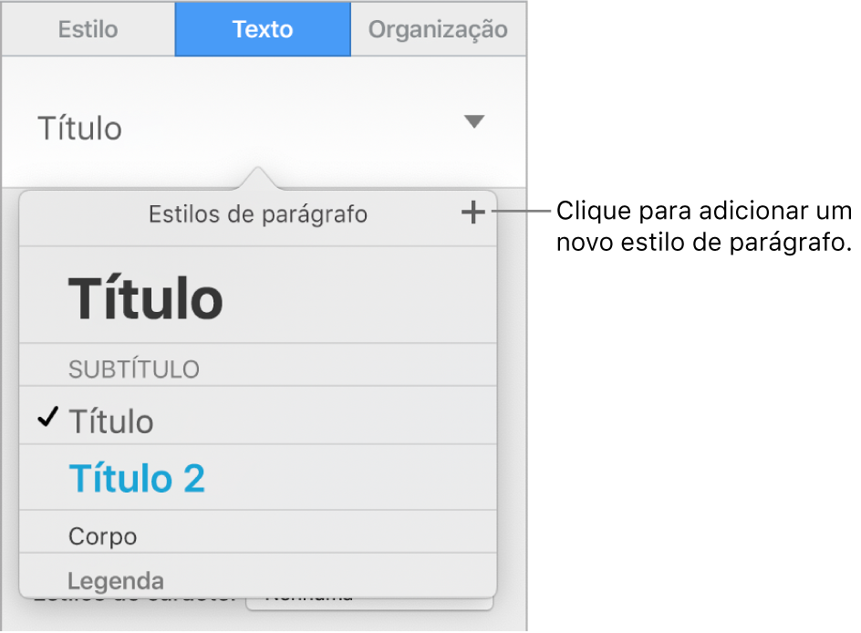 O menu “Estilos de parágrafo” com uma chamada para o botão “Novo estilo”.