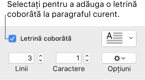Caseta de validare Letrină coborâtă este selectată și un meniu pop-up apare în dreapta acesteia; comenzile pentru configurarea înălțimii liniei, a numărului de caractere și alte opțiuni apar sub aceasta.