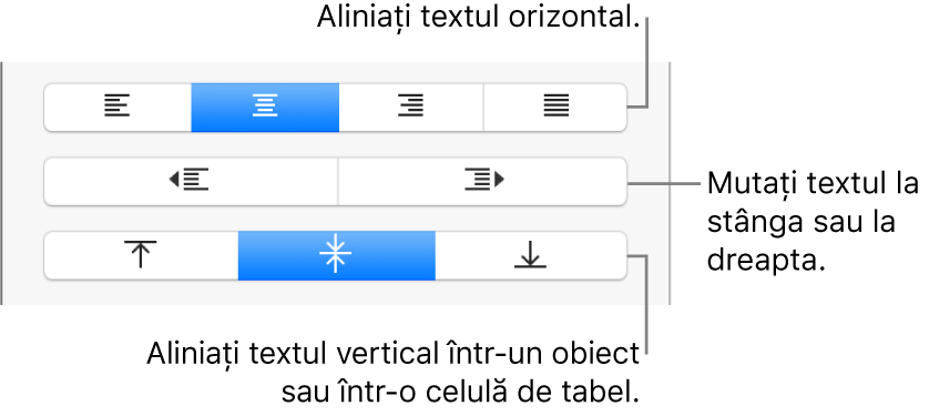 Secțiunea Aliniere a butonului Format cu explicații pentru butoanele de aliniere a textului.
