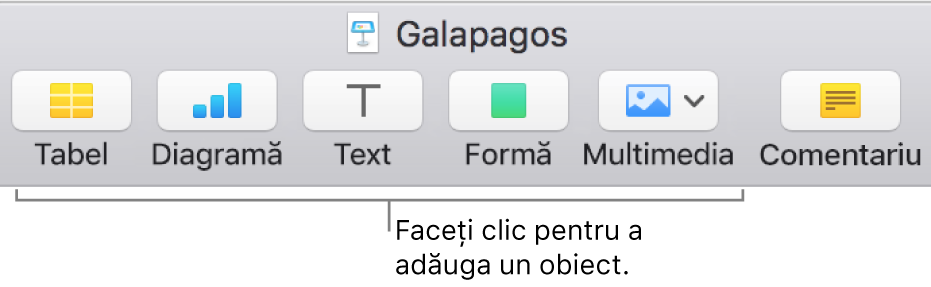 Bara de instrumente Keynote, cu butoane utilizate la adăugarea unui obiect pe un diapozitiv.