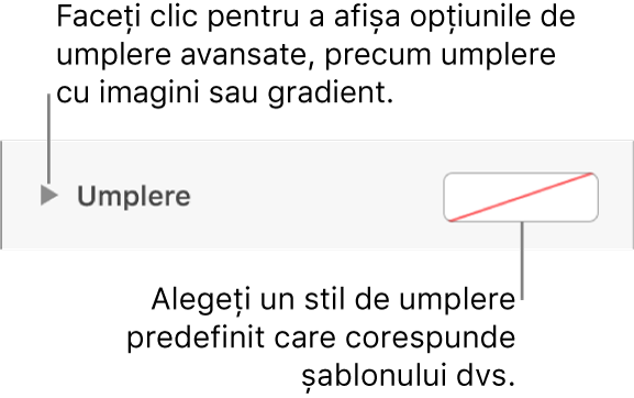 Comenzi pentru alegerea unei culori de umplere.