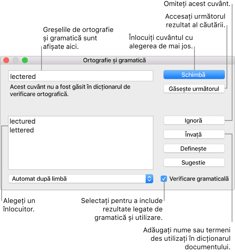 Fereastra Ortografie și gramatică.