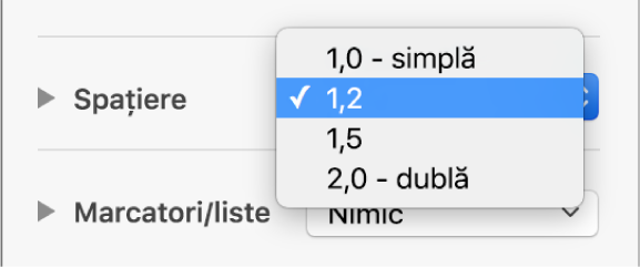 Meniul pop-up Spațiere cu opțiunile Simplă, Dublă și altele.