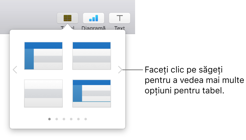 Panoul Adaugă tabel cu săgeți de navigare în partea stângă și dreaptă.