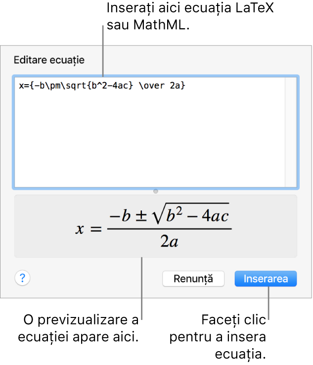 Caseta de dialog Editare ecuație, afișând formula cuadratică scrisă cu ajutorul LaTeX în câmpul Editare ecuație și, dedesubt, o previzualizare a formulei.