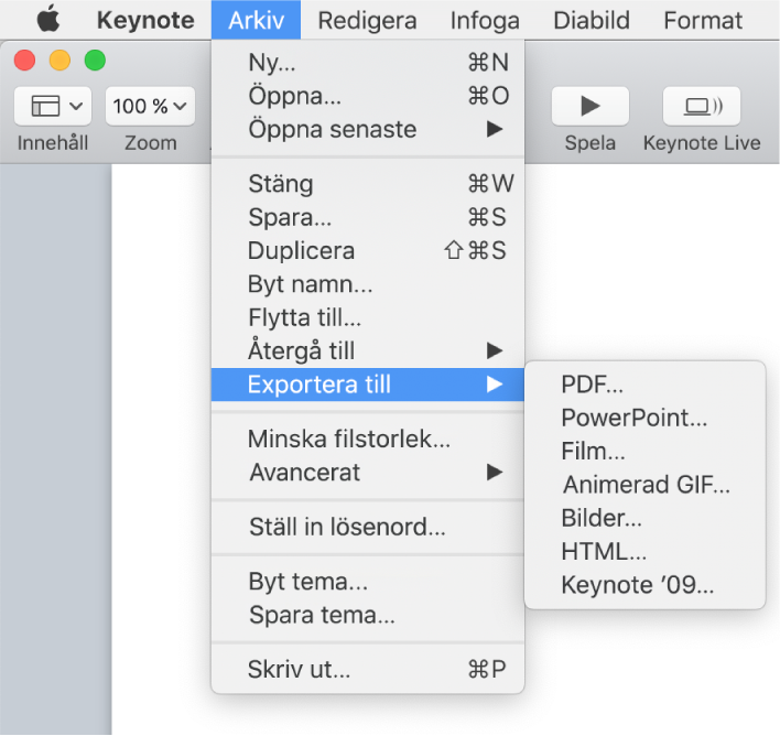 Öppen Arkiv-meny med Exportera till markerat. Undermenyn visar exportalternativ för PDF, PowerPoint, Film, HTML, Bilder och Keynote ’09.