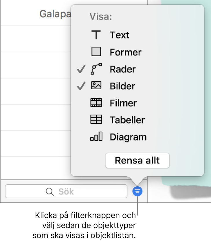 Popupmenyn Filter med en lista över de olika objekttyper som listan kan innehålla (text, former, linjer, bilder, filmer, tabeller och diagram).