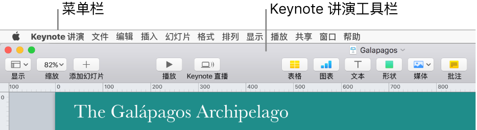 屏幕顶部的菜单栏是苹果、“Keynote 讲演”、“文件”、“编辑”、“插入”、“格式”、“排列”、“显示”、“共享”、“窗口”和“帮助”菜单。菜单栏下方是打开的 Keynote 演示文稿，顶部一排是工具栏按钮：显示、缩放、添加幻灯片、播放、Keynote 直播、表格、图表、文本、形状、媒体和批注。
