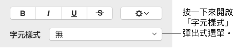 用於更改文字樣式和顏色的控制項目下方顯示「字元樣式」彈出式選單。