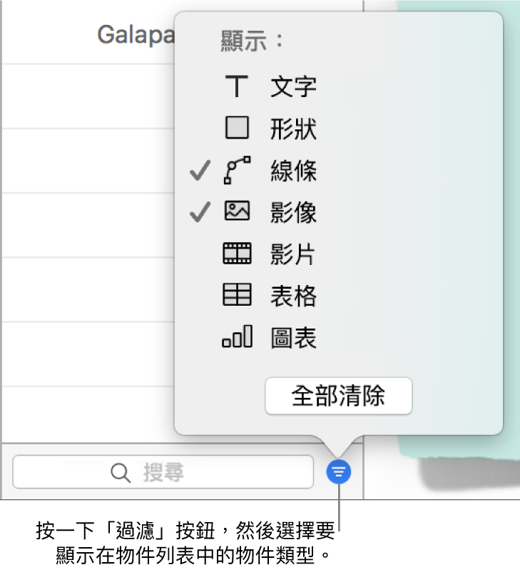 開啟的「過濾」彈出式選單，帶有可能包括的物件類型列表（文字、形狀、線條、影像、影片、表格和圖表）。