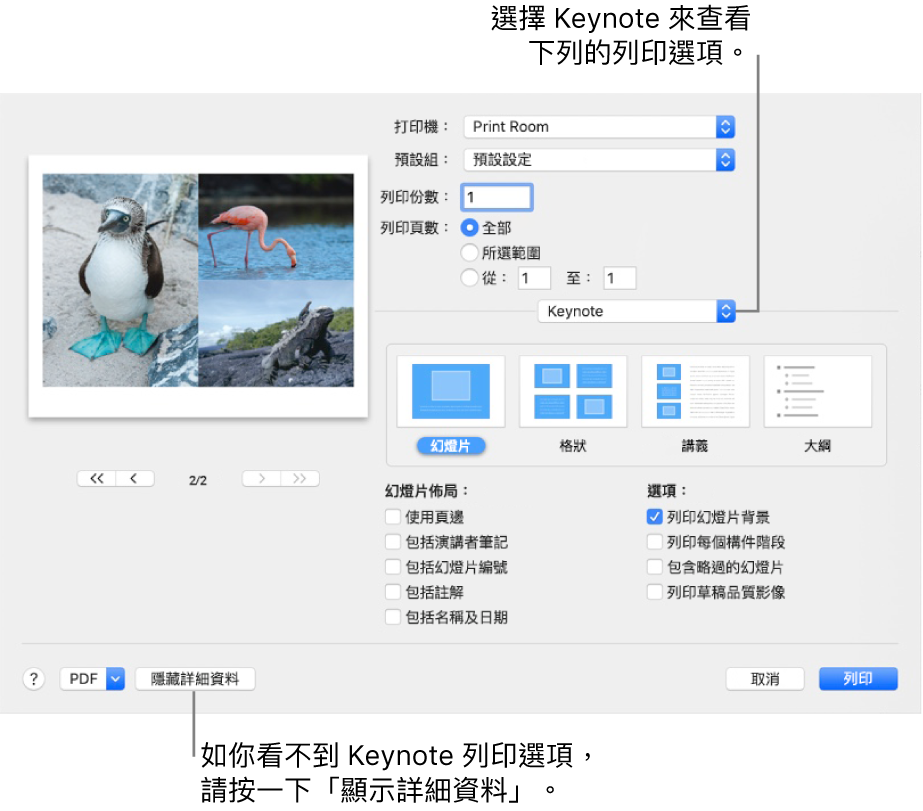 在 Pages 的彈出式視窗下方的「列印」對話框中，Keynote 已被選取。其下方是「幻燈片」、「格狀」、「講義」或「大綱」的列印佈局，「幻燈片」已被選取。佈局的下方是顯示頁邊的剔選框，包括演講者筆記、列印莫稿品質影像和其他選項。