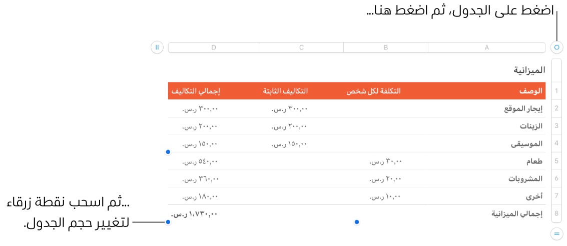 جدول محدد وبه نقاط زرقاء لتغيير الحجم.