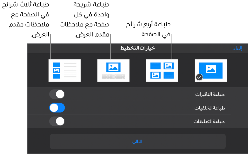 خيارات تخطيط الطباعة.