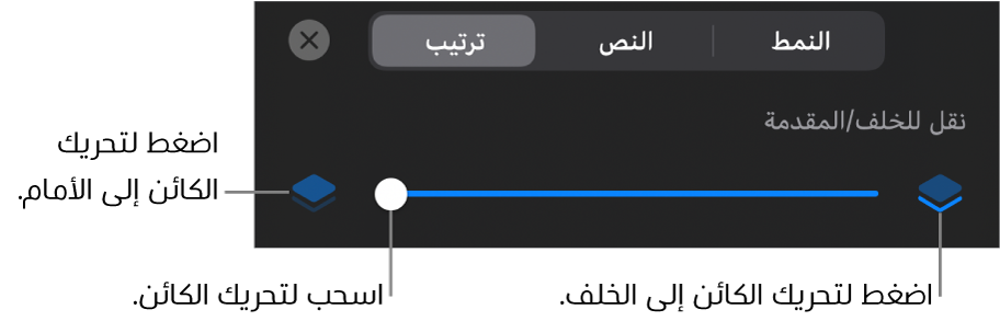 زر تحريك للخلف، وزر تحريك للأمام، وشريط تمرير الطبقة.