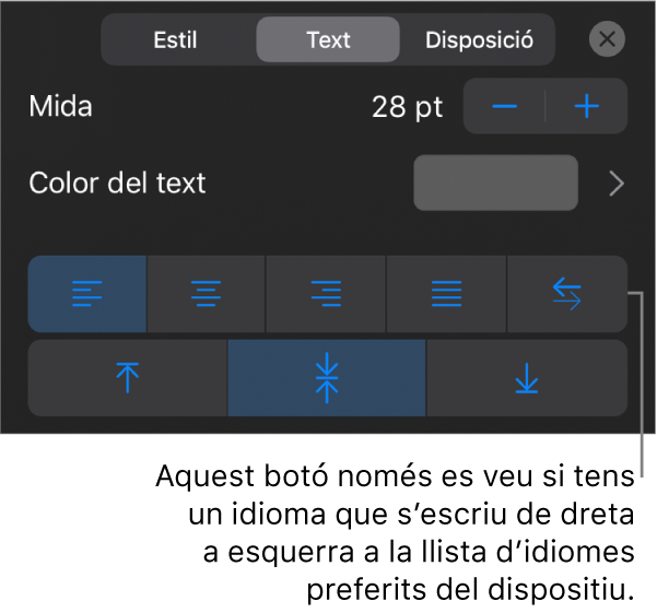 Controls de text del menú Format, amb una llegenda per al botó “De dreta a esquerra”.