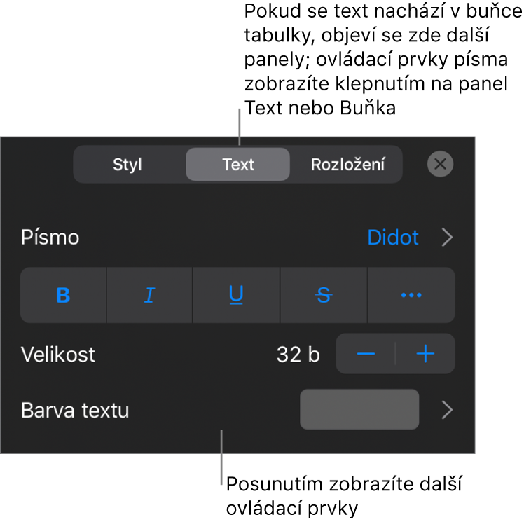 Ovládací prvky pro text v nabídce Formát pro nastavení stylů, písma, velikosti a barvy odstavce a znaků