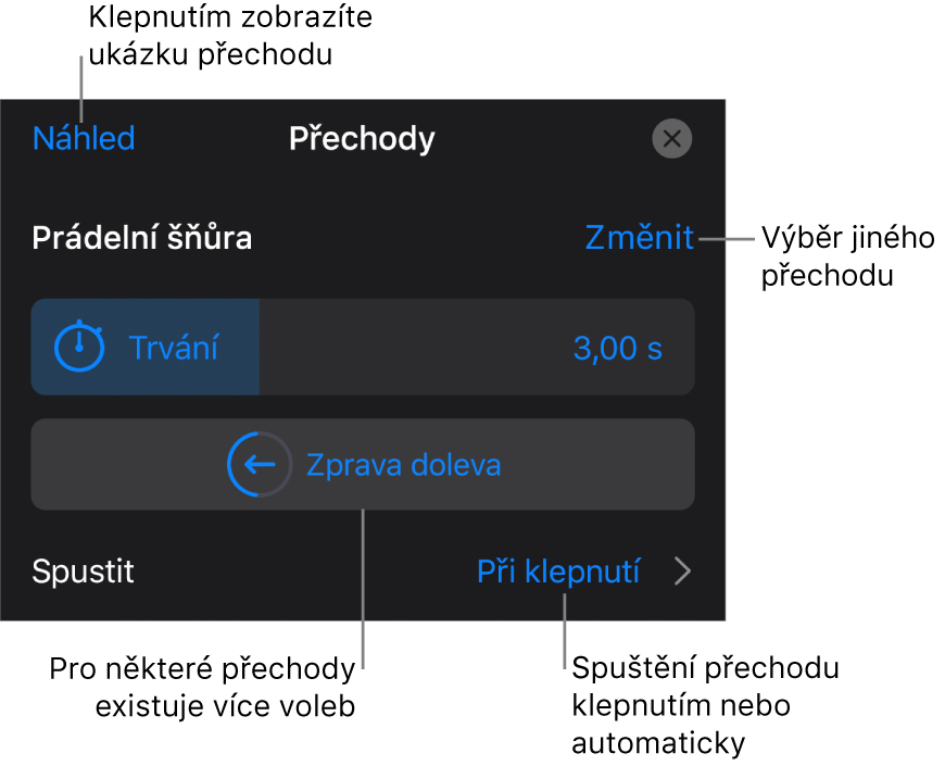 Ovládací prvky pro úpravu přechodu na panelu Volby