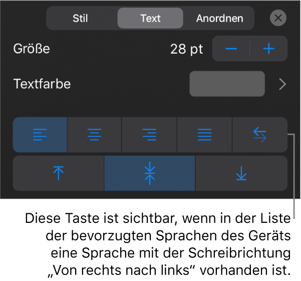 Die Textsteuerelemente im Menü „Format“ mit einer Beschreibung der Taste „Von rechts nach links“