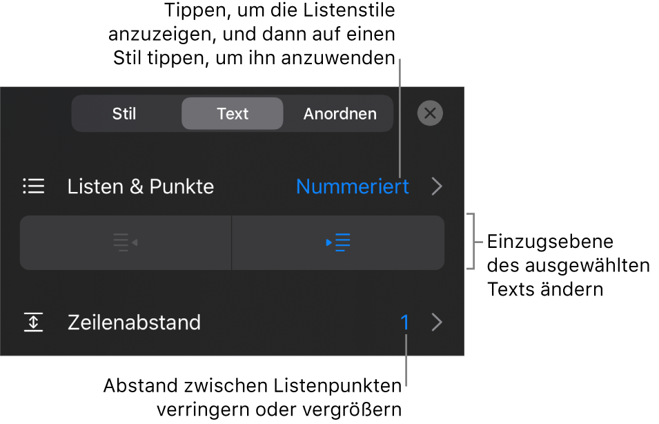 Der Abschnitt „Listen & Punkte“ und die Formatsteuerungen mit Beschreibungen für „Listen & Punkte“, den Tasten „Einrücken“ oder „Ausrücken“ und Steuerelemente für den Zeilenabstand