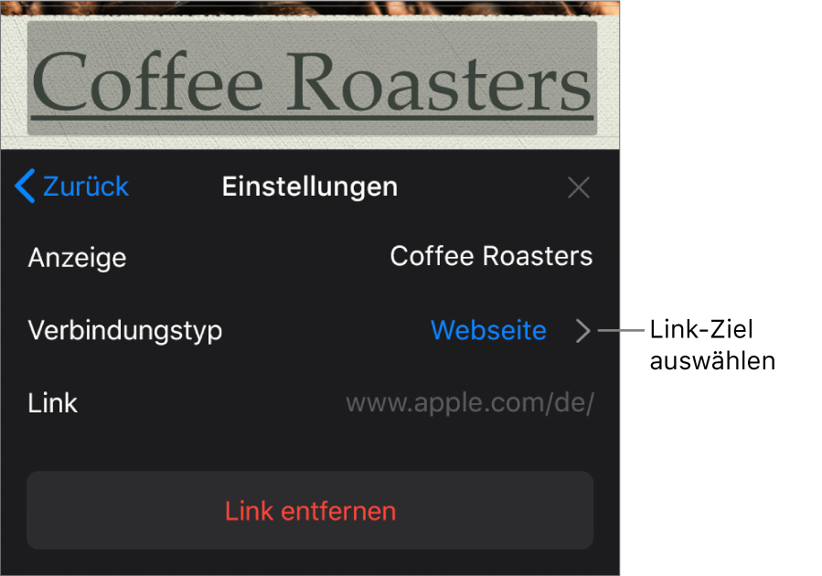 Die Steuerelemente für Linkeinstellungen mit Feldern für „Anzeigen“, „Ziel“ (auf Webseite eingestellt“) und „Link“. Unten befindet sich die Taste „Link entfernen“.