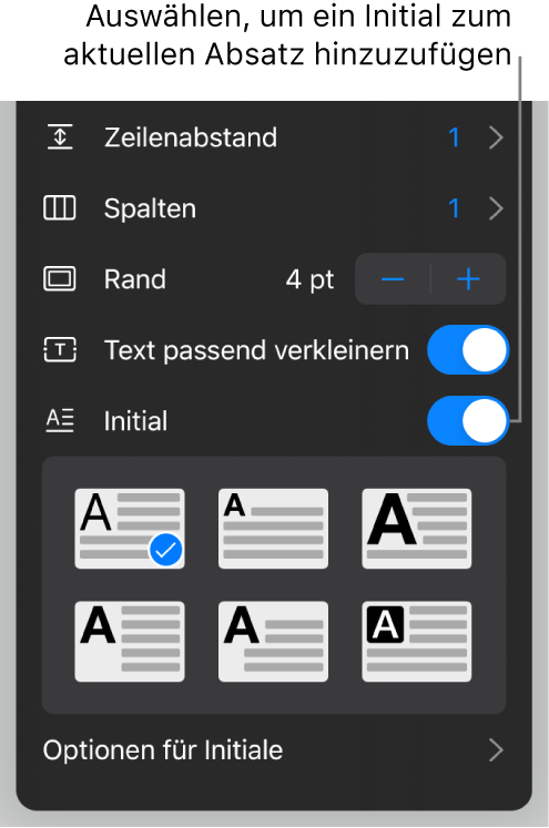 Die Steuerelemente für das Initial befinden sich unten im Menü „Text“.