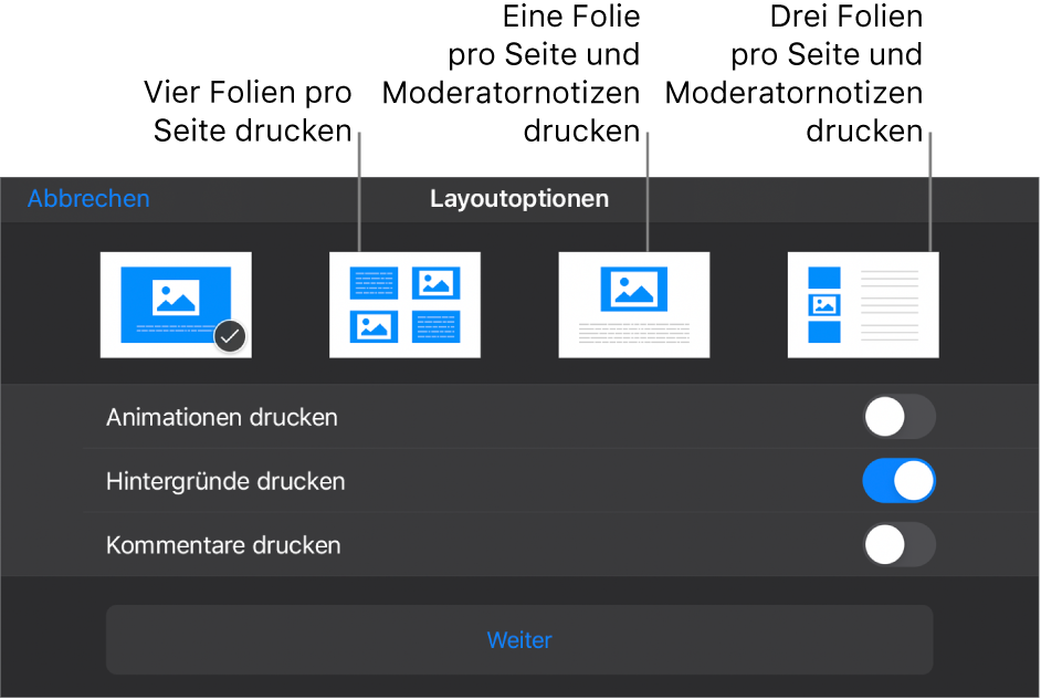 Optionen für Drucklayout