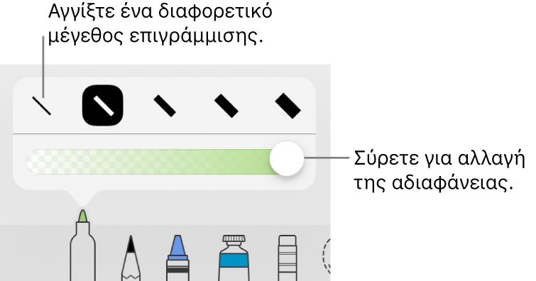 Χειριστήρια για επιλογή μεγέθους επιγράμμισης και ρυθμιστικό για προσαρμογή της αδιαφάνειας.