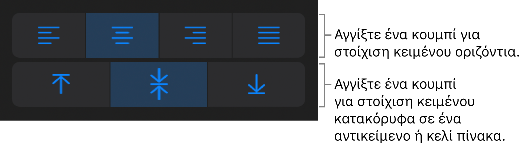 Κουμπιά οριζόντιας ή κατακόρυφης στοίχισης κειμένου.