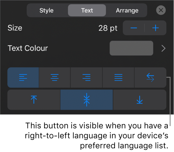 Text controls in the Format menu, with a callout to the Right to Left button.
