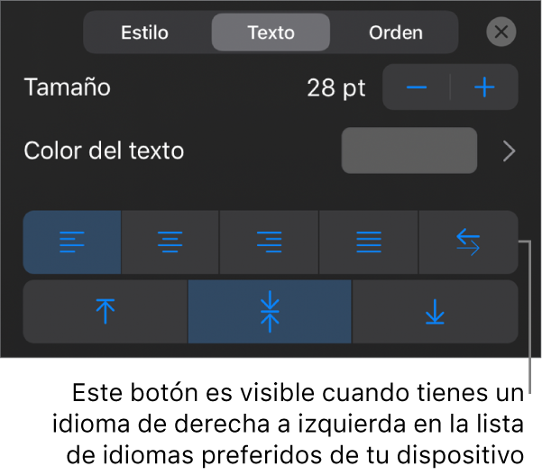 Los controles de texto se encuentran en el menú de Formato, con un mensaje que señala el botón “De derecha a izquierda”.