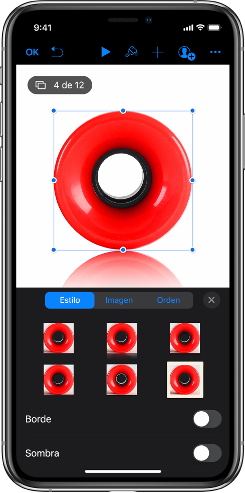 Los controles Formato para cambiar el tamaño y la apariencia de la imagen seleccionada. Los botones Estilo, Imagen y Orden se sitúan a lo largo de la parte superior de los controles.