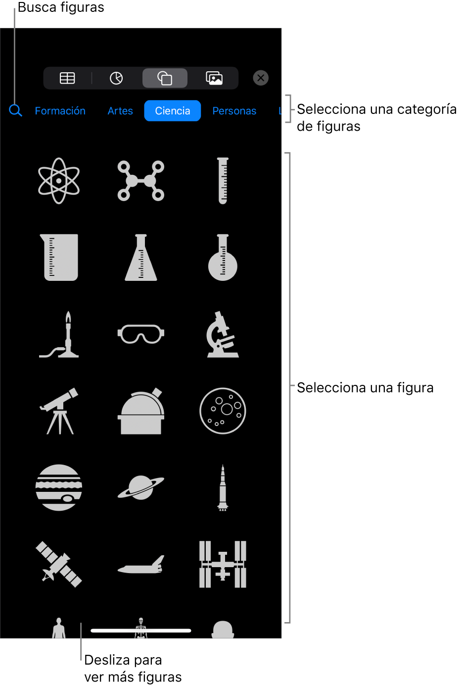 La biblioteca de figuras, con las categorías en la parte superior y las figuras mostradas abajo. Puede usar el campo de búsqueda de la parte superior para buscar figuras o deslizar para ver más.