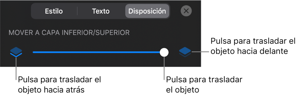 Botón “Mover hacia atrás”, botón “Mover hacia delante” y regulador de capa.