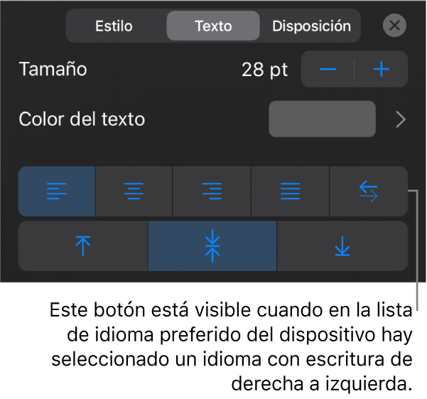 Controles de texto del menú Formato con una llamada al botón “De derecha a izquierda”.