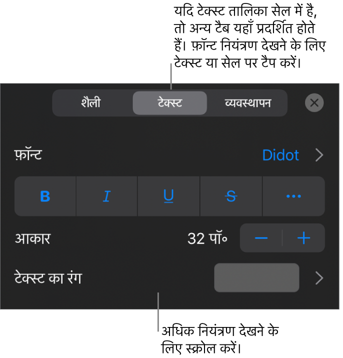 “फ़ॉर्मैट” मेनू में अनुच्छेद सेटिंग और वर्ण शैली, फ़ॉन्ट, आकार और रंग के लिए टेक्स्ट नियंत्रण।