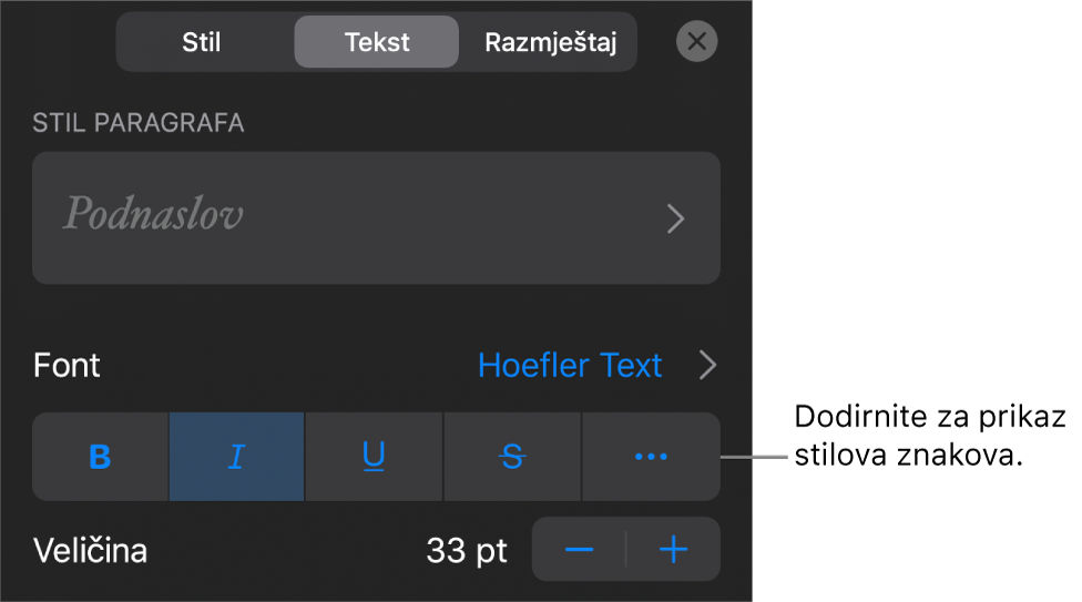 Kontrole opcije Formatiraj sa stilovima paragrafa pri vrhu, zatim kontrole Fonta. Ispod su tipke opcija teksta Podebljano, Kurziv, Podcrtavanje, Precrtavanje i Više.