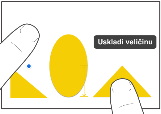 Jedan prst točno iznad oblika, dok drugi drži objekt uz opciju Uskladi veličinu na zaslonu.