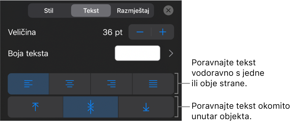 Odjeljak Poravnanje tipke Formatiraj s balončićima za tipke za poravnanje teksta.