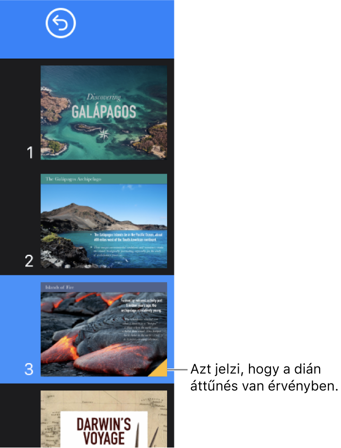 A dián látható sárga háromszög azt jelzi, hogy a dia átmenetet tartalmaz.