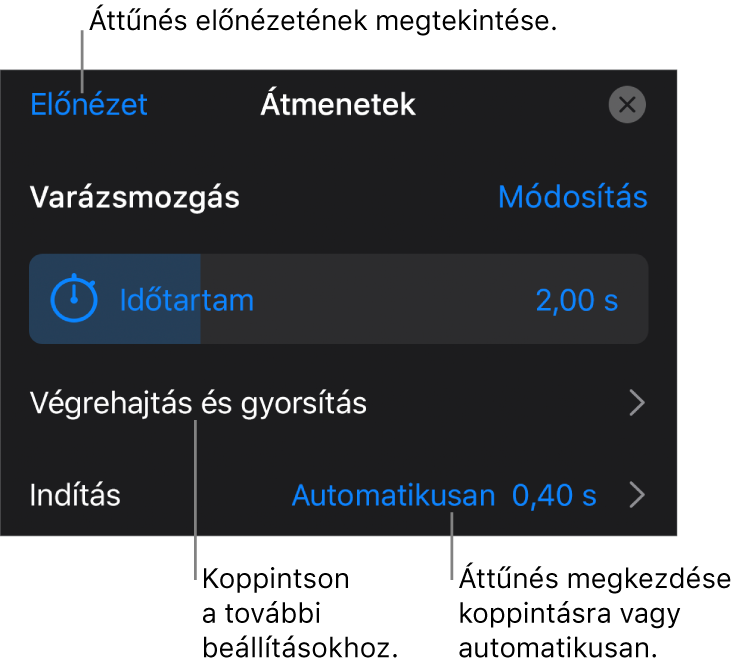 A Varázsmozgás vezérlői az Áttűnések panelen.